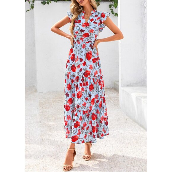 Women's Floral Midi Dress Summer Boho V Neck Cap Sleeve Ruffle Beach - Picture 7 of 8